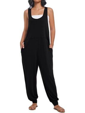 Women's Black Casual Loose Jumpsuits Harem Long Pants Sleeveless Romper
